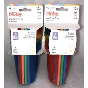 8 - Nuby Wash Or Toss Stackable Trainer 10 oz Cups w/ Lids & Straws - 12 Months+